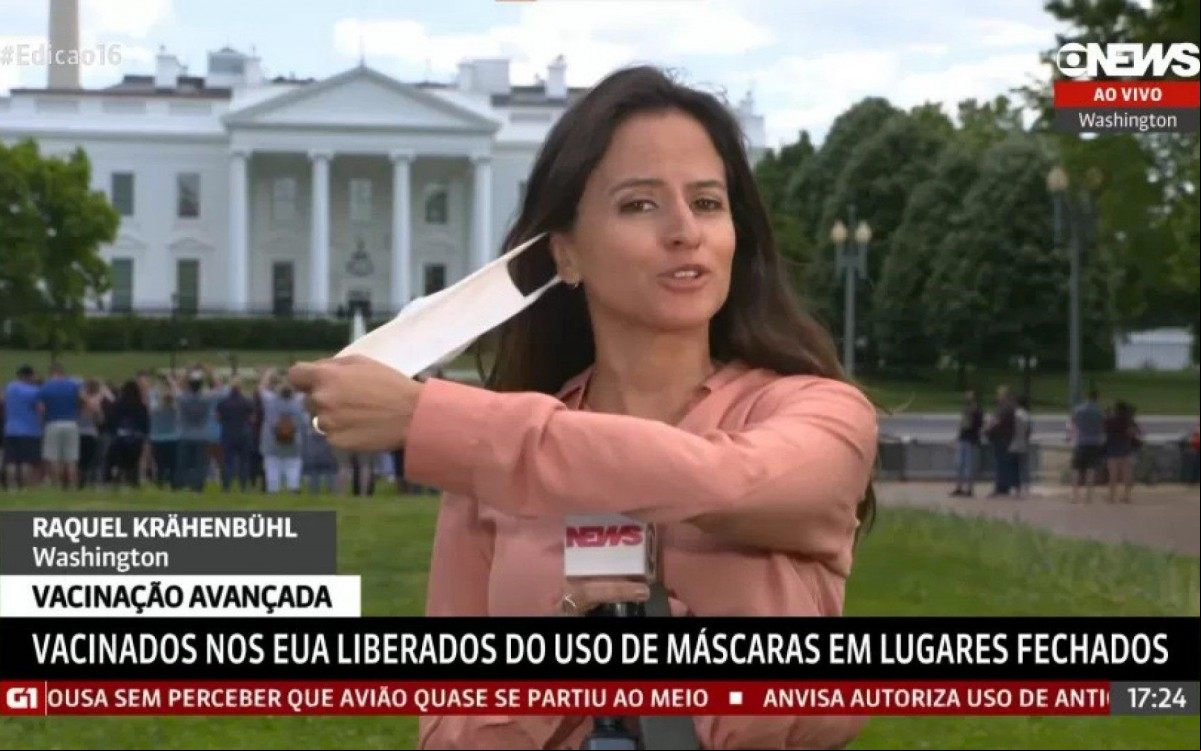 Correspondente da Globonews é liberada para tirar máscara ao vivo, nos EUA Correspondente da Globonews é liberada para tirar máscara ao vivo, nos EUA