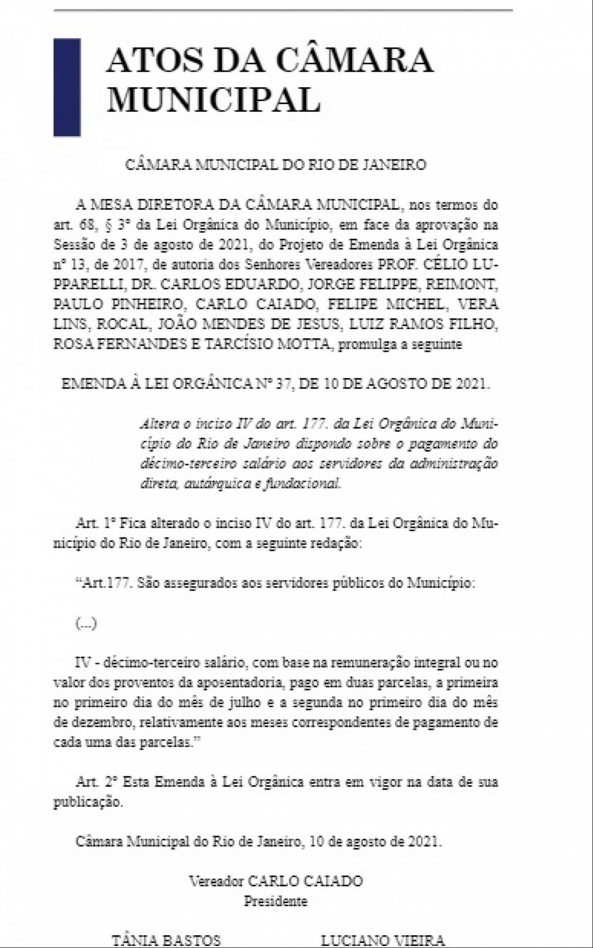 Publicação saiu nesta quarta-feira no Diário Oficial do Legislativo carioca - Reprodução
